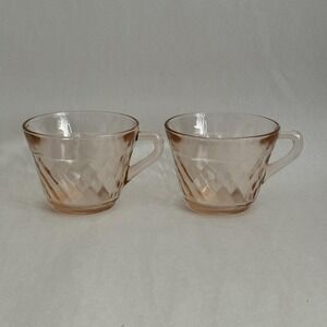 (2) Vintage Hazel Atlas‎ Glass DIAMOND OPTIC Pink Cup Teacup